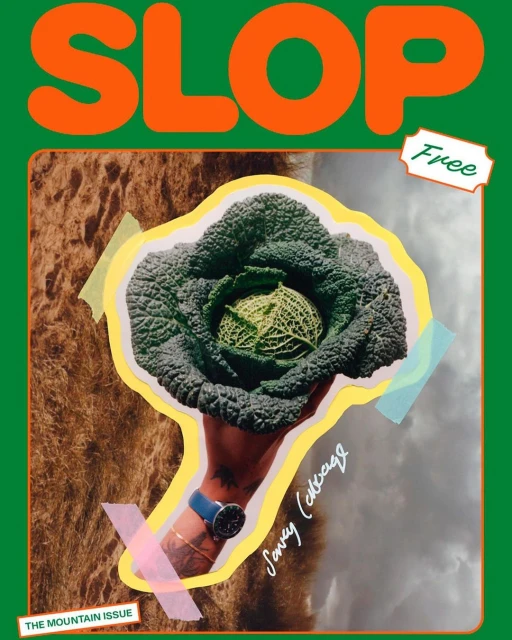 Magazine cover art with a Savoy cabbage held in a hand in front of a mountain landscape, featuring bold lettering and a green border.