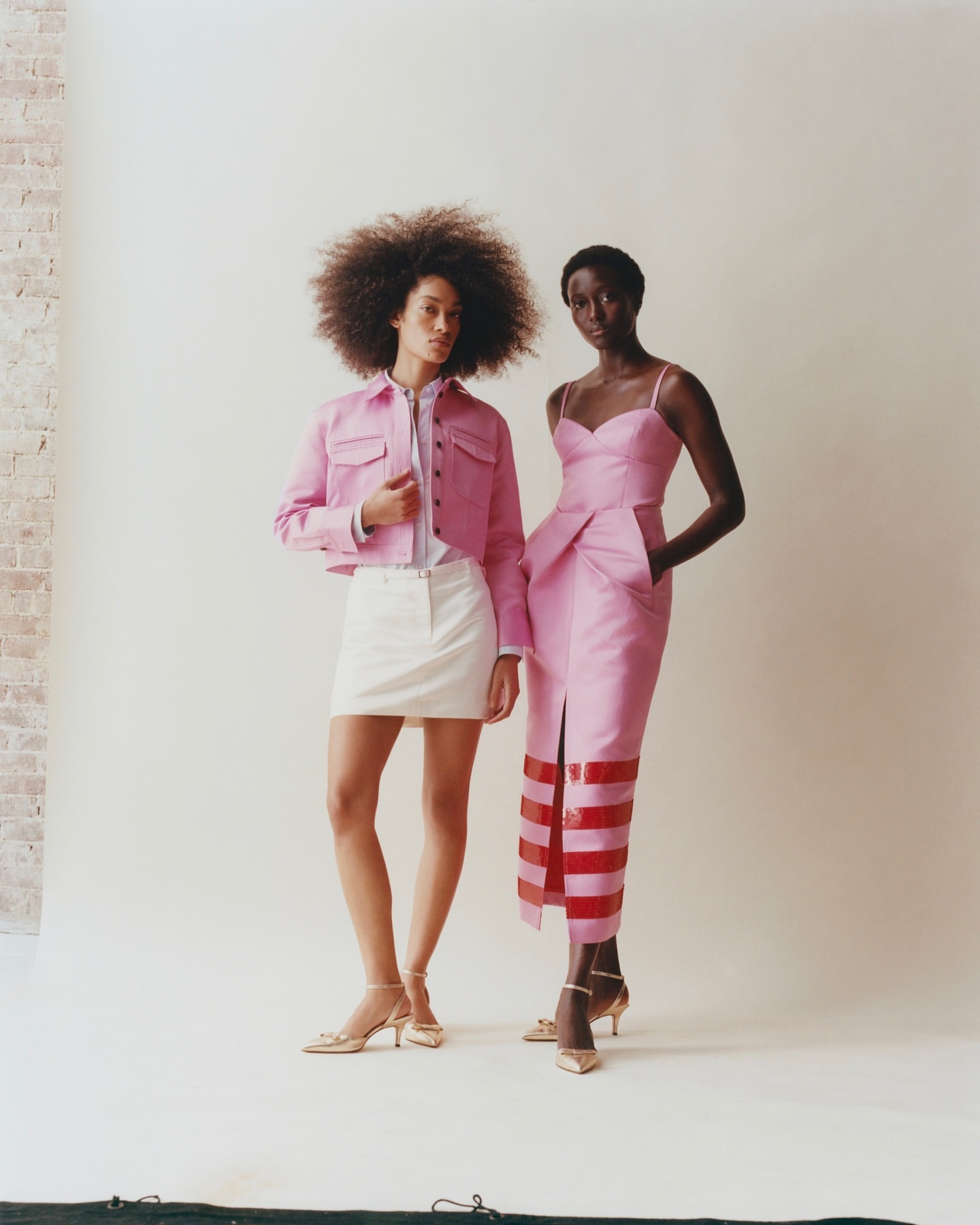 Two women pose in a studio. One wears a pink jacket and white skirt; the other wears a pink dress with red details and gold heels.