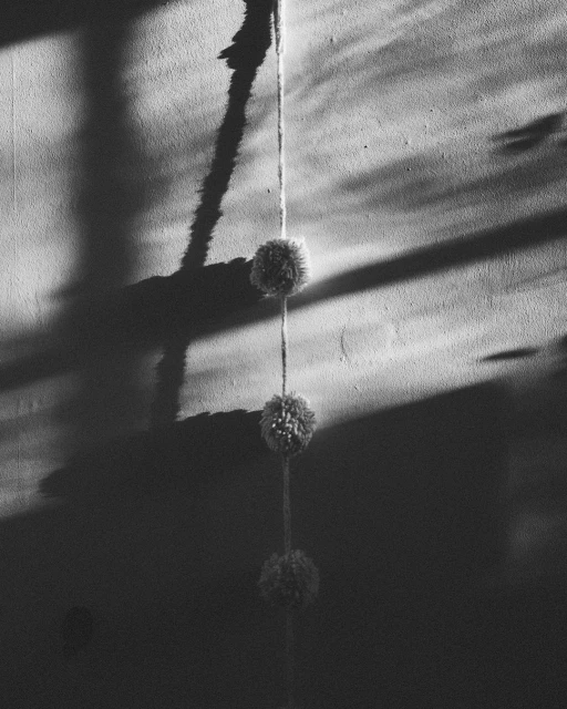 A monochromatic image shows three pom-poms hanging on a string against a textured wall with dramatic shadows, creating an artistic display.