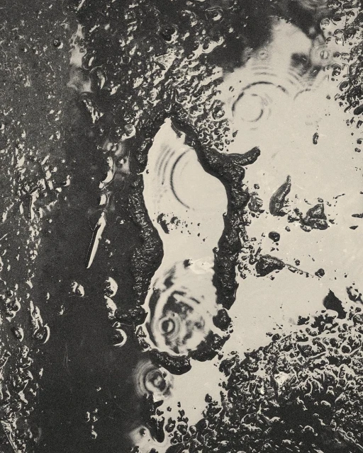 Abstract black and white photograph of water puddles and ripples on a dark surface, creating a unique artistic composition.