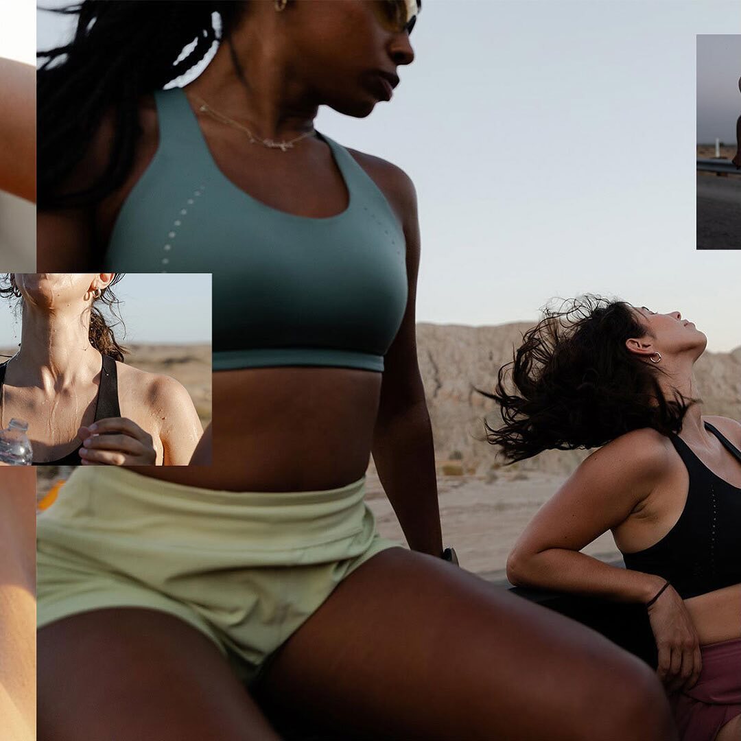 Two women in sports bras and shorts pose outdoors in a sandy environment. The focus is on athletic wear and a healthy lifestyle.