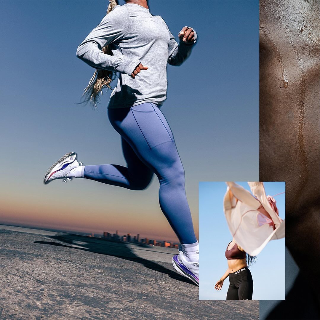 Woman running outdoors in athletic wear. Close up of female athlete in motion, wearing leggings, long sleeve shirt, and running shoes.