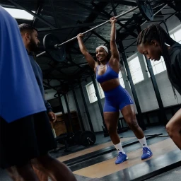 Black woman in royal blue sports bra and matching shorts lifting a barbell overhead in a gym, photographed by Jackie Beale.