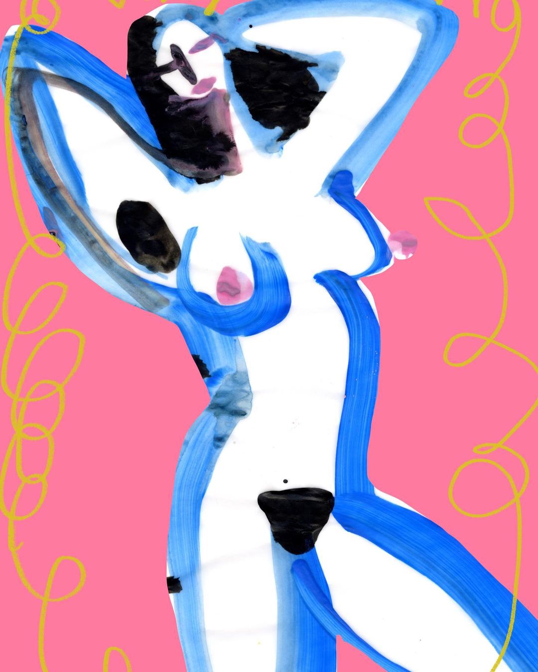 Expressive painting of a nude female figure with bold blue outlines on a pink background, created using vibrant brushstrokes and stylized features.