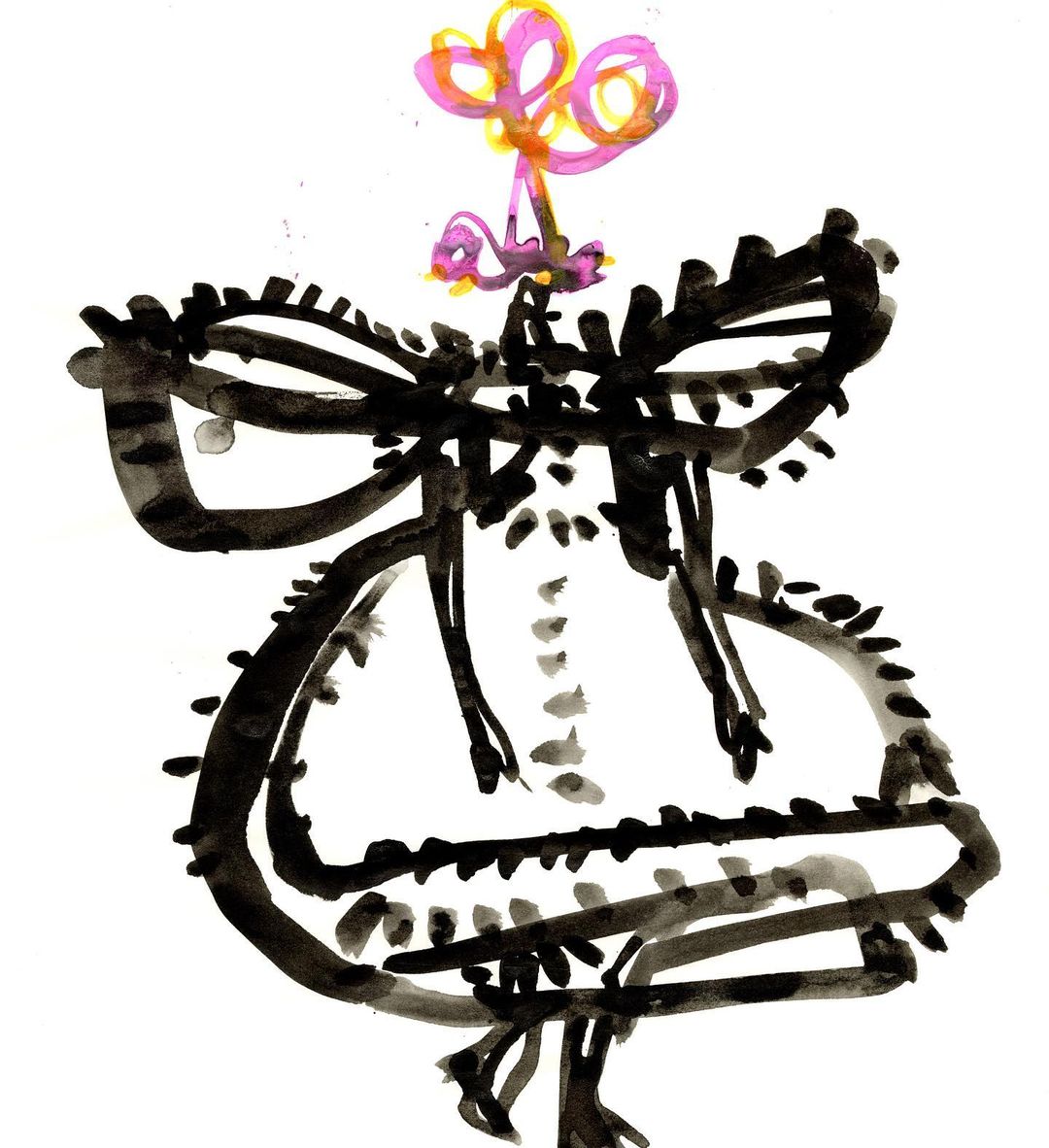 Whimsical ink drawing of an abstract, stylized figure with a headdress, featuring bold black lines and a splash of vibrant pink and orange.