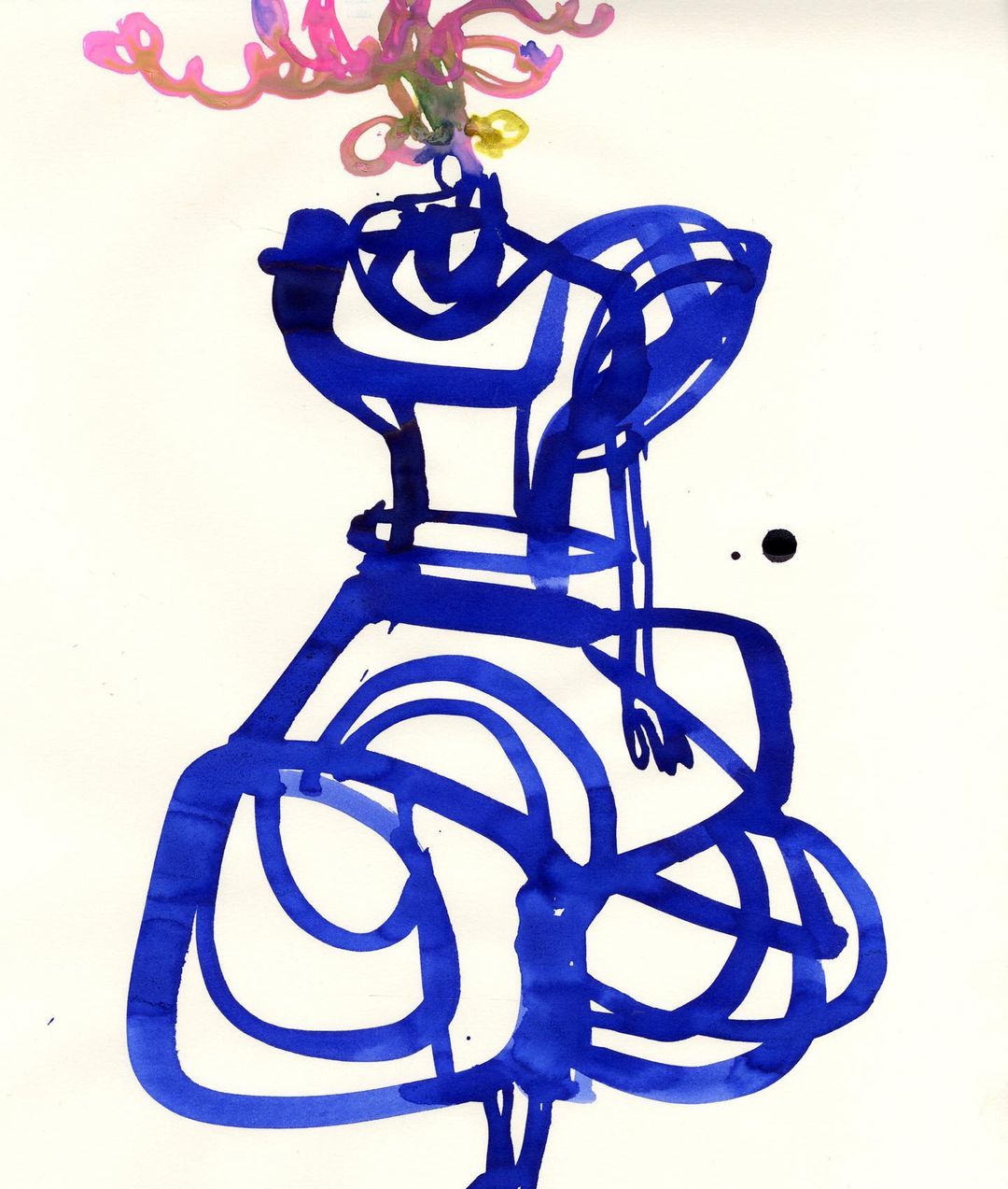Stylized artwork of a blue dress, rendered in an abstract ink or marker style with pink, yellow and green above the neckline.