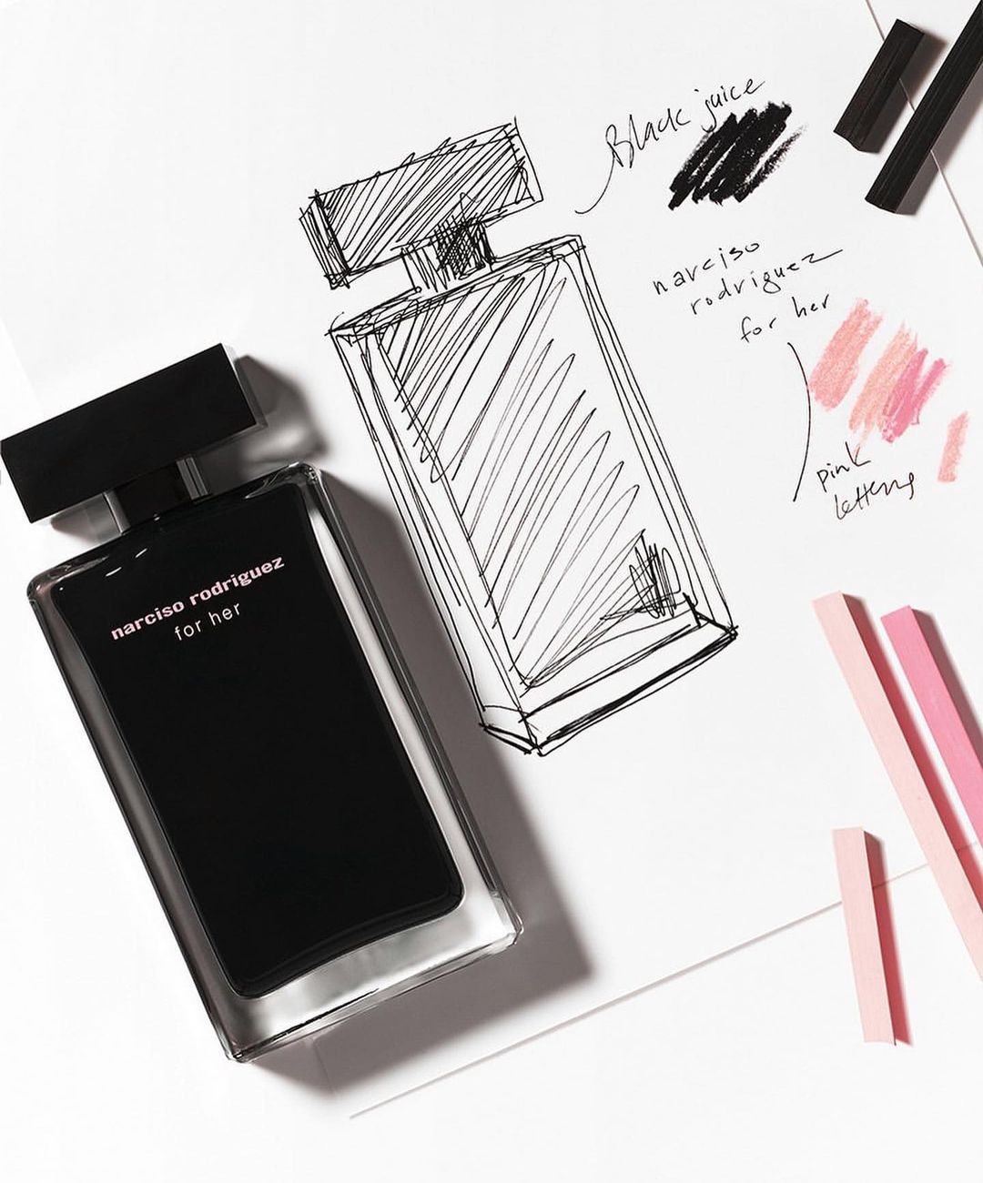 Stylized product shot: 'narciso rodriguez for her' perfume with an illustrated sketch of the bottle and pink color swatches on white.