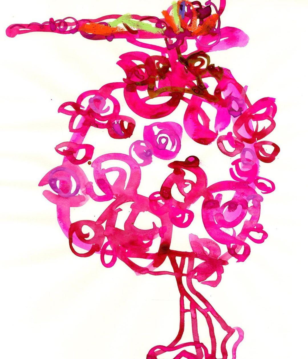 Abstract painting features pink and red floral shapes with green and orange accents on a white background, created with watercolor.
