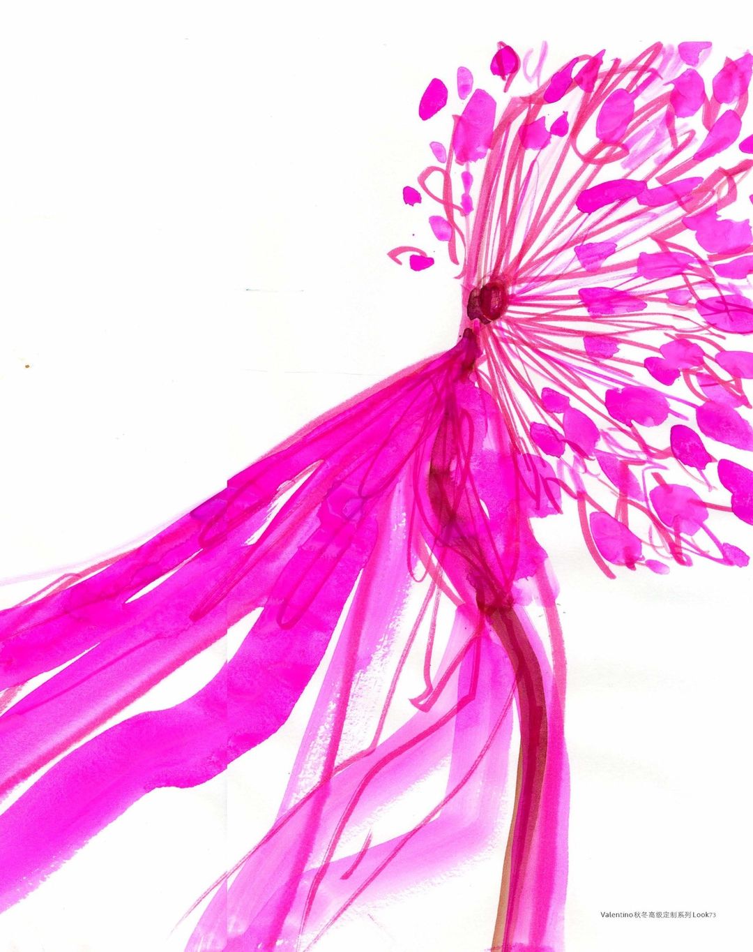 Watercolor artwork featuring a figure in a pink dress with floral accents on a white background, creating a whimsical, artistic design.