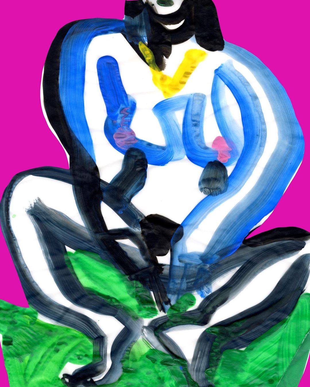 Abstract watercolor painting of a figure with green, blue, and black hues against a pink background, showcasing gestural brushstrokes.