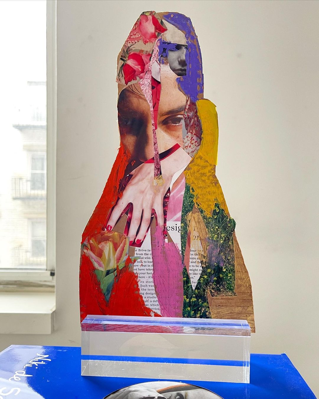 Collage featuring a woman's face and hands, set indoors on a book, showcasing art, style, and the technique of collage.