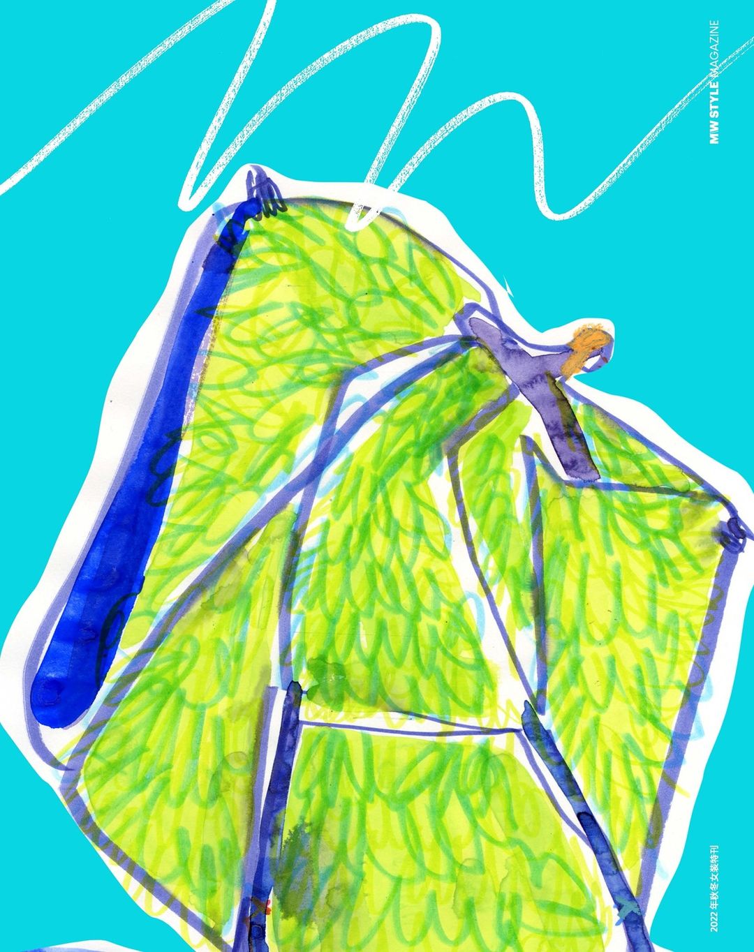 Magazine cover illustration featuring a green and blue garment sketch on a vibrant turquoise background with stylized white lines.