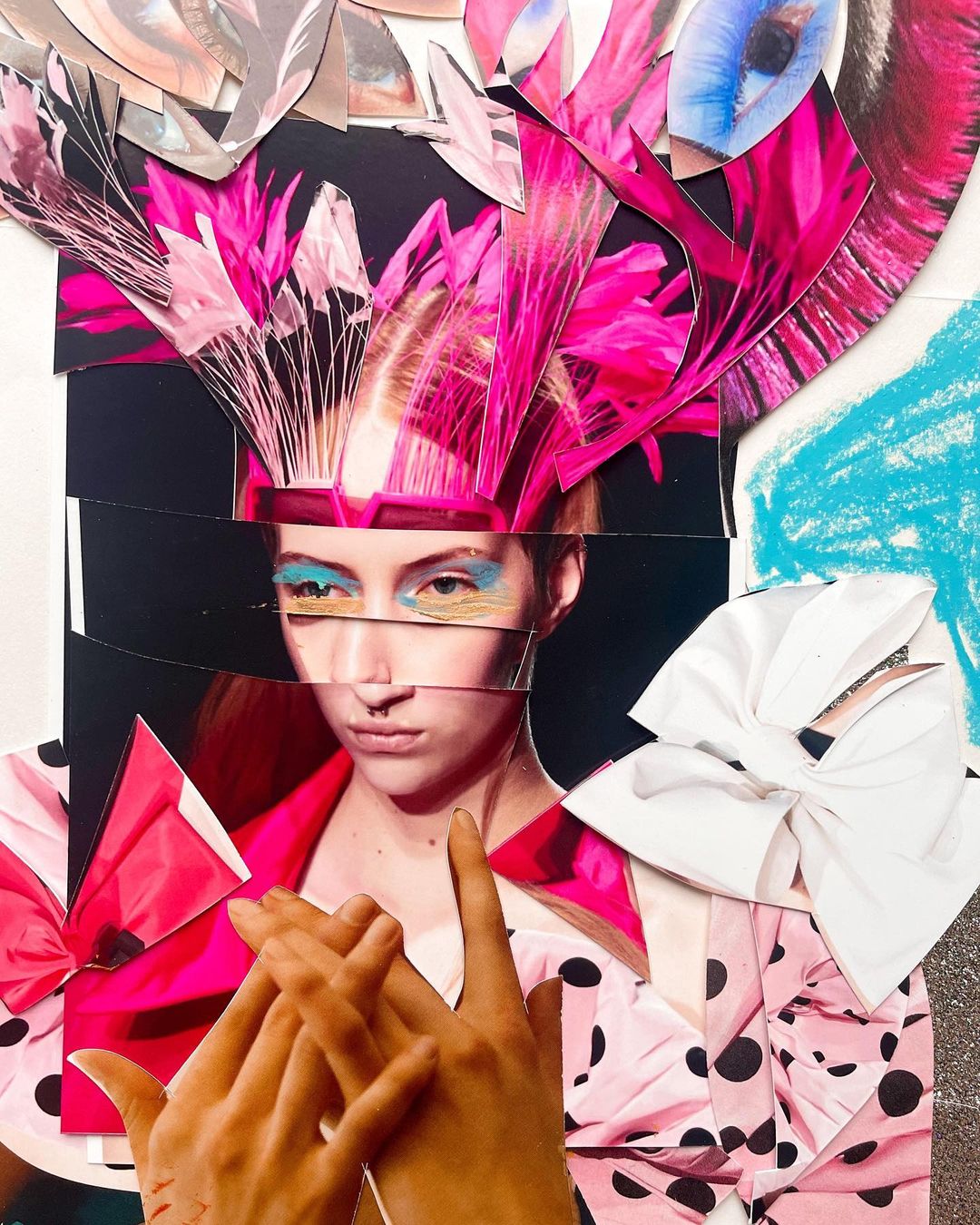 Portrait of a woman wearing a pink feathered headdress in a collage featuring hands, makeup, and a polka dot pattern.