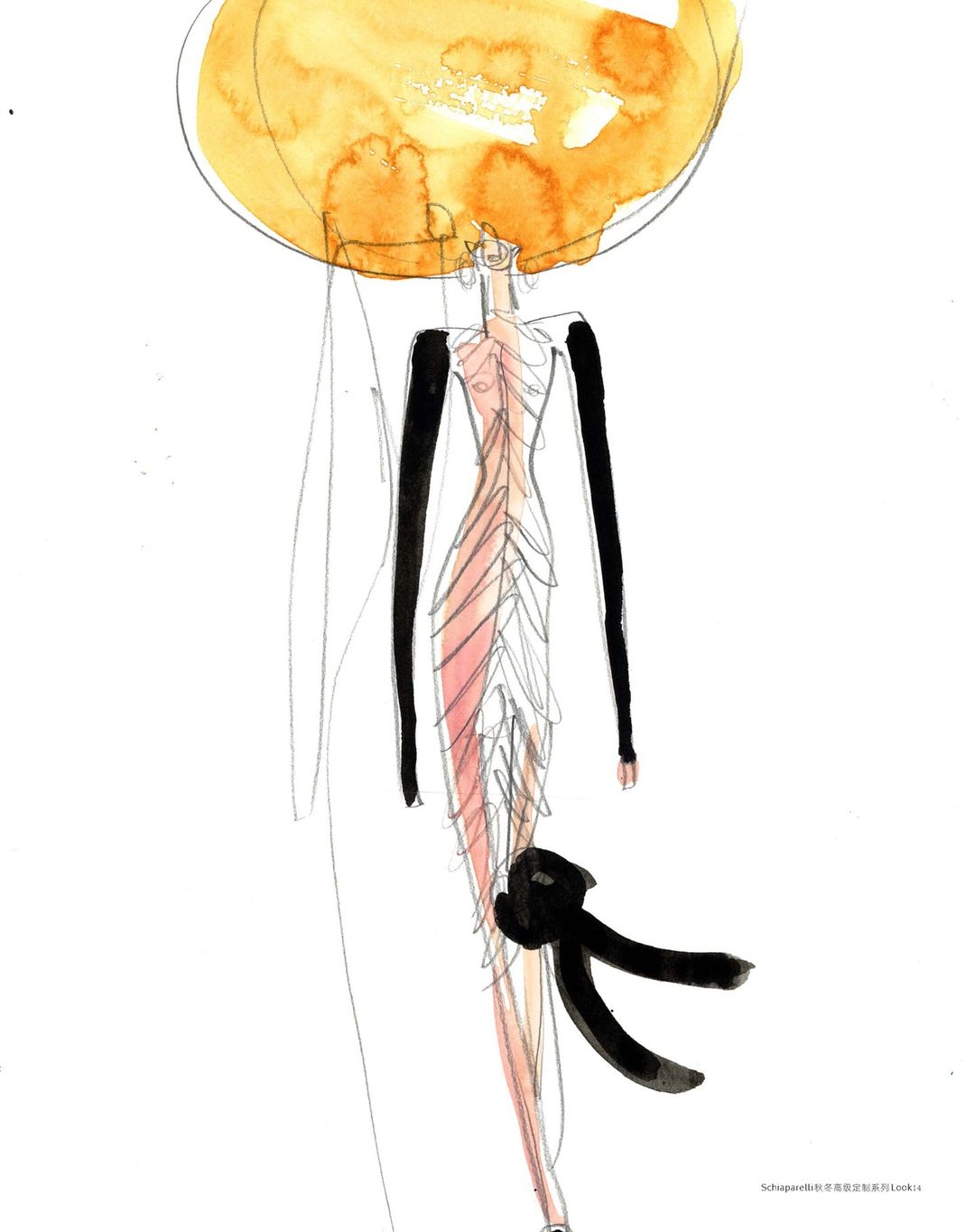 Illustration of a slender figure in a long gown with voluminous hair, rendered in watercolor and ink on a white background.
