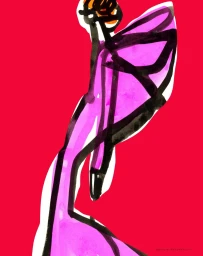 Vibrant fashion illustration by Jacky Marshall featuring a stylized pink gown outlined in bold black ink against a solid crimson red background