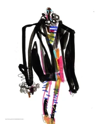 Expressive fashion illustration by Jacky Marshall featuring a figure in a black coat with colorful accents against white background