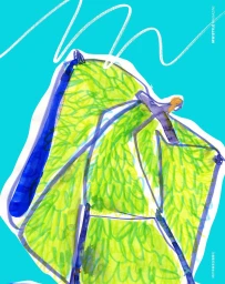 An illustrated vertical artwork featuring vibrant green, blue, and white abstract shapes against a bright turquoise background.