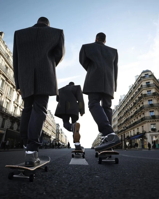 Three businesspeople in suits skateboard down an urban street. The view is from a low angle, emphasizing their motion and the city setting.