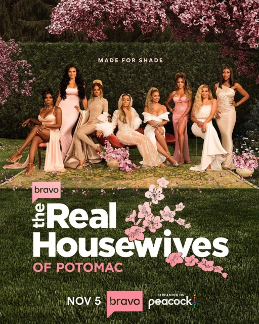 Promotional poster featuring the cast of The Real Housewives of Potomac in gowns, seated outdoors with pink flowers and greenery.