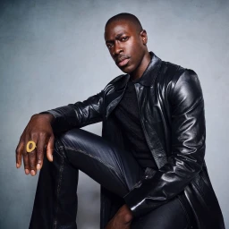 Black man wearing a black leather jacket and black pants posing against a grey textured studio backdrop.