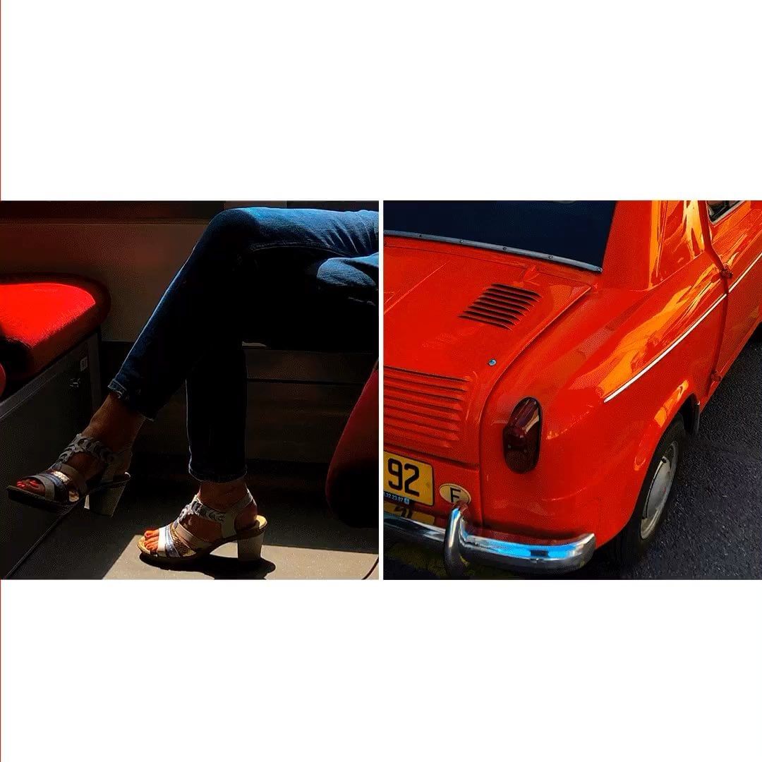 Split image of adult woman in jeans and sandals sitting on a red seat with a red vintage car trunk on asphalt road.