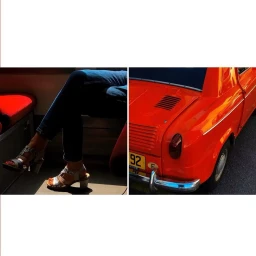 Diptych image featuring a person's legs in jeans and strapped heels on the left, and the rear of an orange vintage car on the right.