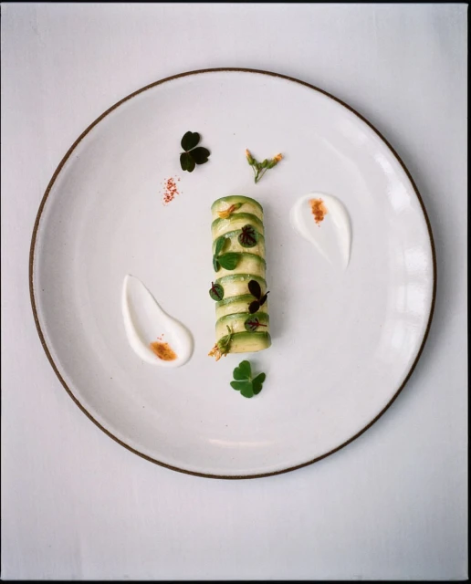 Gourmet food presentation: vertically stacked green zucchini slices with white sauce and green herbs on a round white plate.