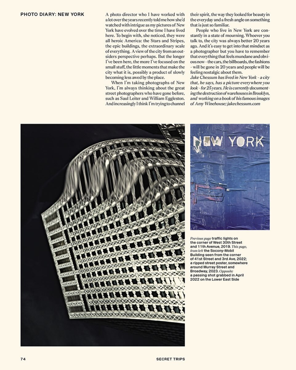 Architectural photograph showcasing the detailed design of a white structure against a dark background, alongside an image of 'New York' text on blue.