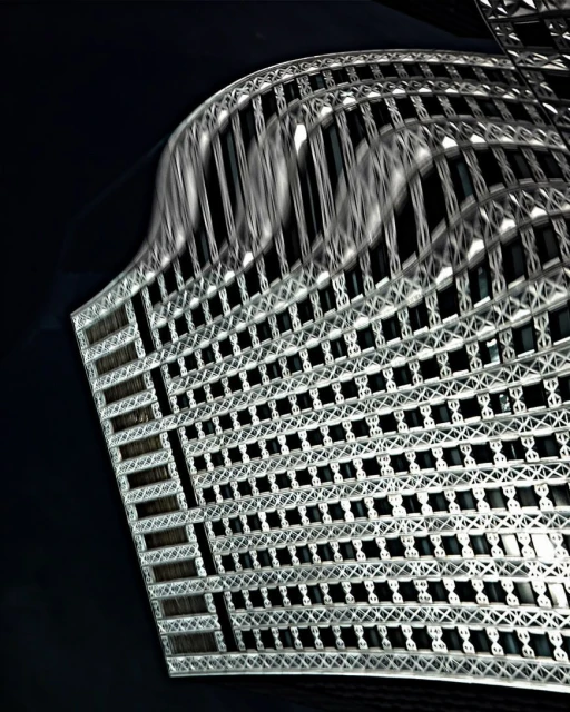 Low angle view of the steel and glass facade of a modern building with patterned cladding against a dark sky, captured at night.