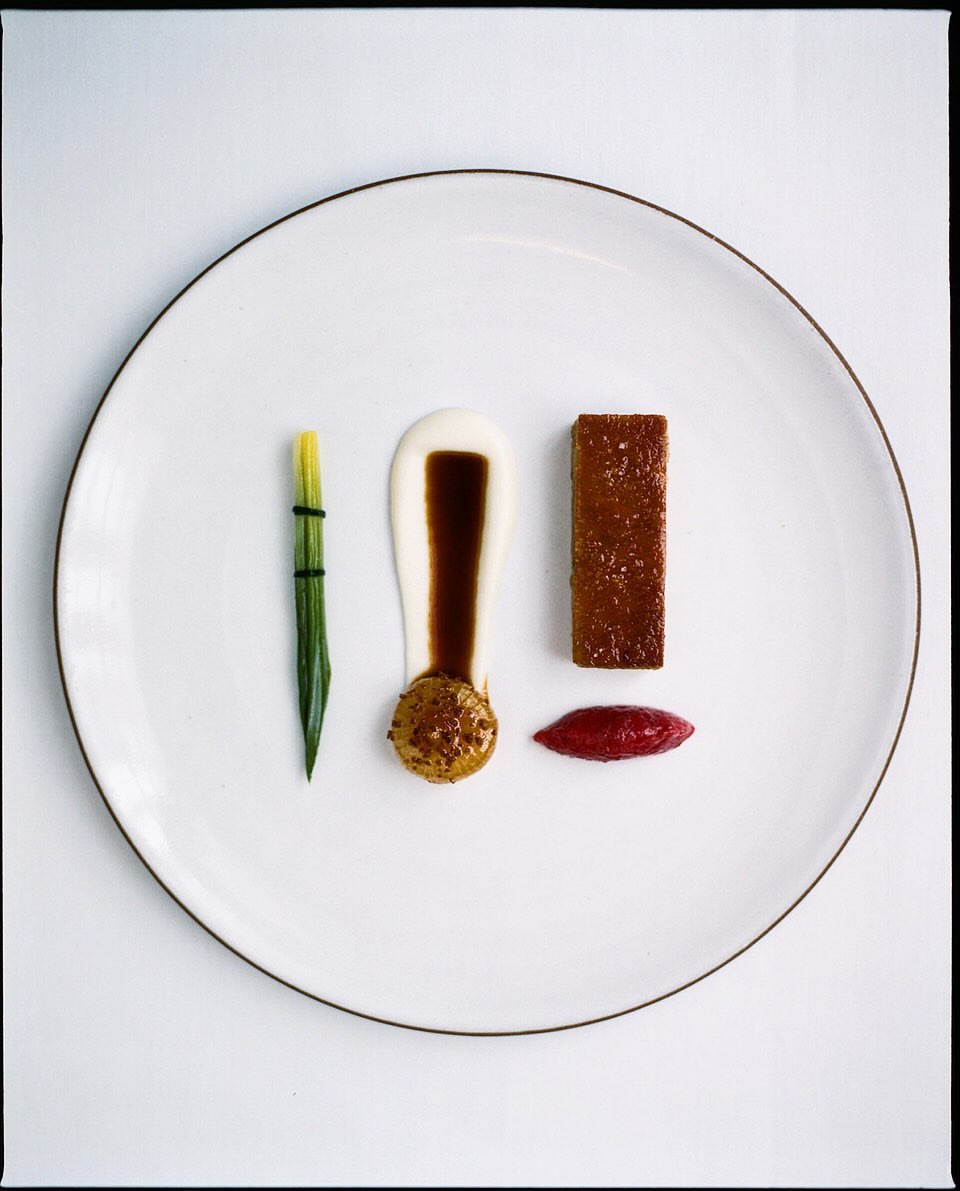 Overhead shot of a white plate featuring leek, cream, brown sauce, caramelized cube, and purplish puree, arranged artfully against a white background.