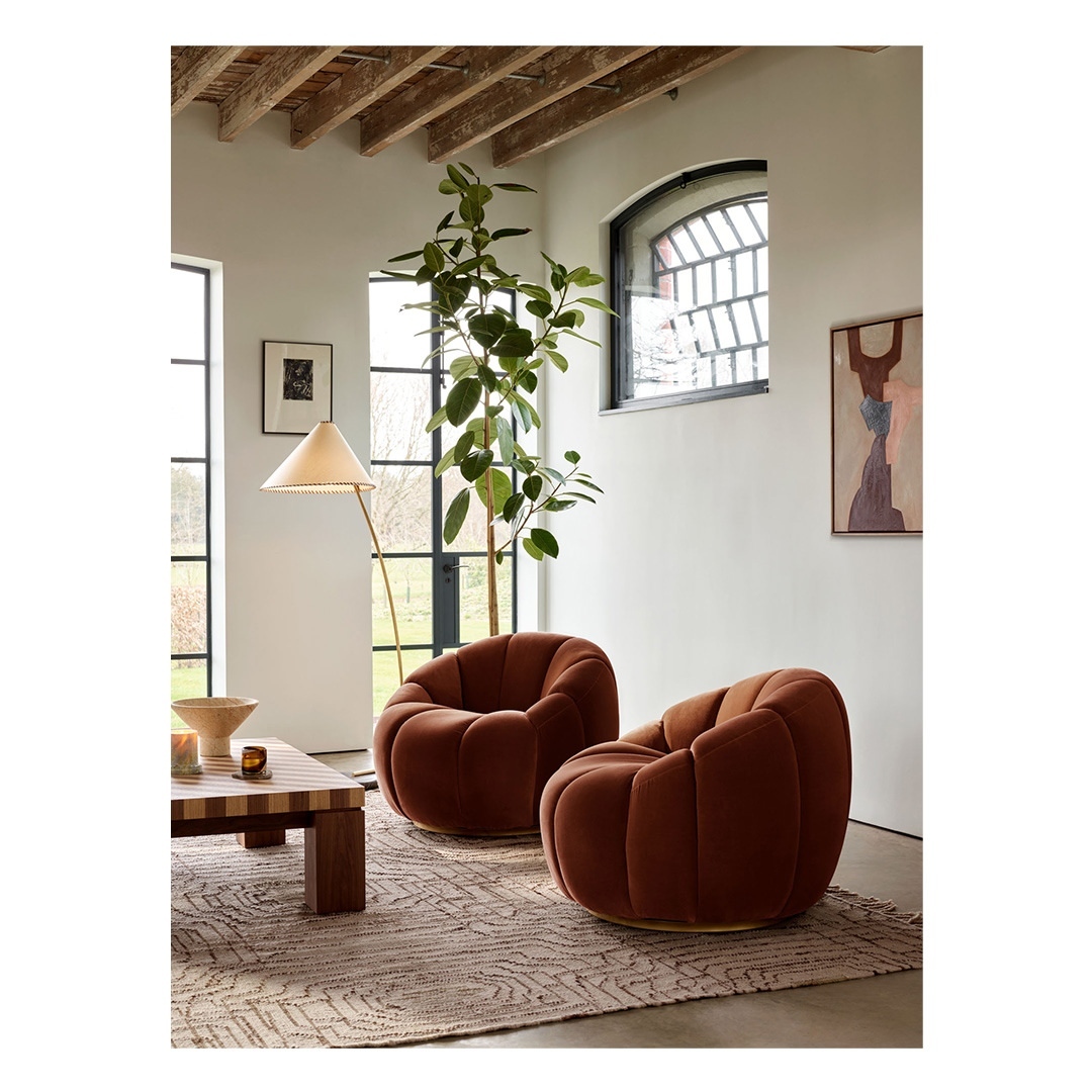 Living room interior featuring two rounded armchairs, a patterned rug, wooden coffee table, floor lamp, leafy plant, and neutral wall art.