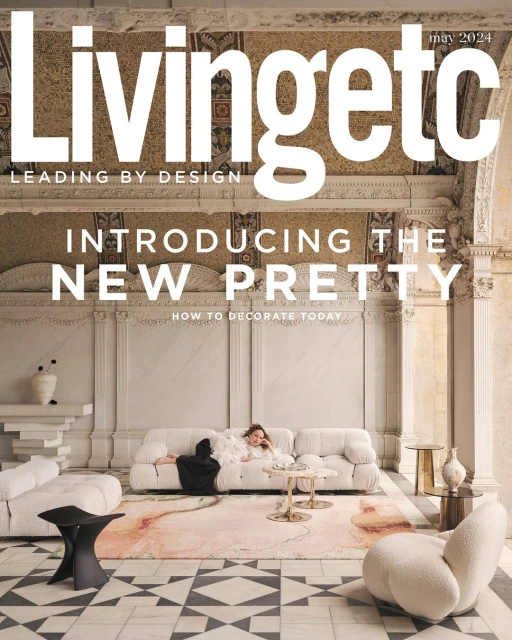 Livingetc magazine cover featuring a woman reclining on a white sofa in an ornate room, showcasing home decor and interior design.