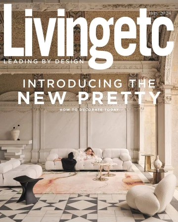 Livingetc magazine cover featuring a woman reclining on a white sofa in an ornate room, showcasing home decor and interior design.