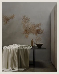 Still life photography of draped cream fabric, ceramic vessels, and dry branches against a neutral textured grey wall by Jake Curtis.