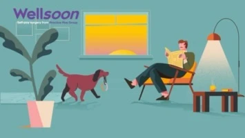 Illustration of a man reading in a chair, a dog with a sock, and a floor lamp in an interior setting with a window showing a sunset.