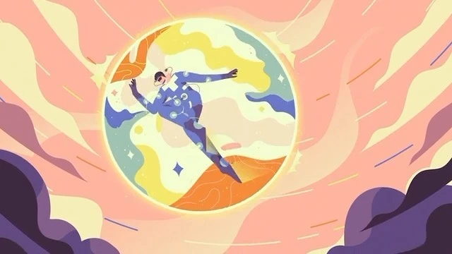 Illustration of person wearing futuristic suit inside circle with abstract design elements, against pink and white sky backdrop.