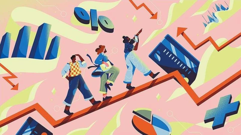 Illustration of three people walking on a graph line with business-related icons, showcasing financial trends and business growth.