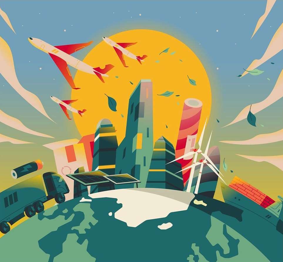 Digital illustration of a city with airplanes, wind turbines, and solar panels representing sustainable energy and renewable resources.