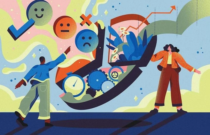 Illustration of a man and a woman flanking a laptop emitting symbols representing user feedback and productivity, with swirling background.