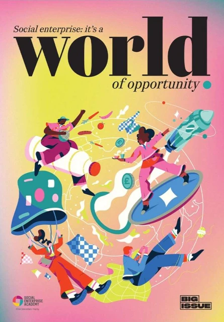 Illustration featuring four people in a colorful, stylized world. The illustration is bright and whimsical with a magazine cover overlay.