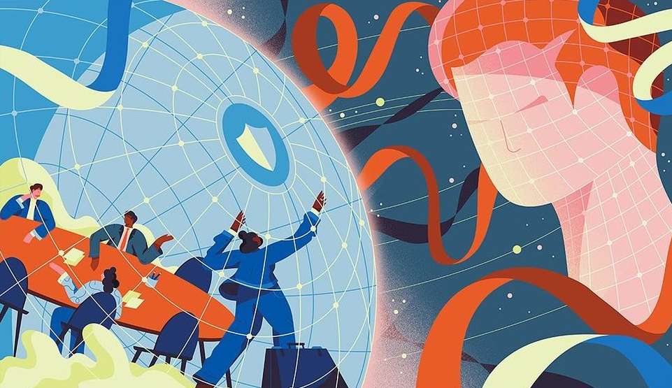 Stylized vector art with business people at a conference table, a woman standing near a globe, and orange flowing ribbon elements.