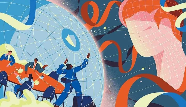 Stylized vector art with business people at a conference table, a woman standing near a globe, and orange flowing ribbon elements.