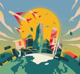 Digital illustration of airplanes flying over a stylized city skyline and globe by Jake Williams