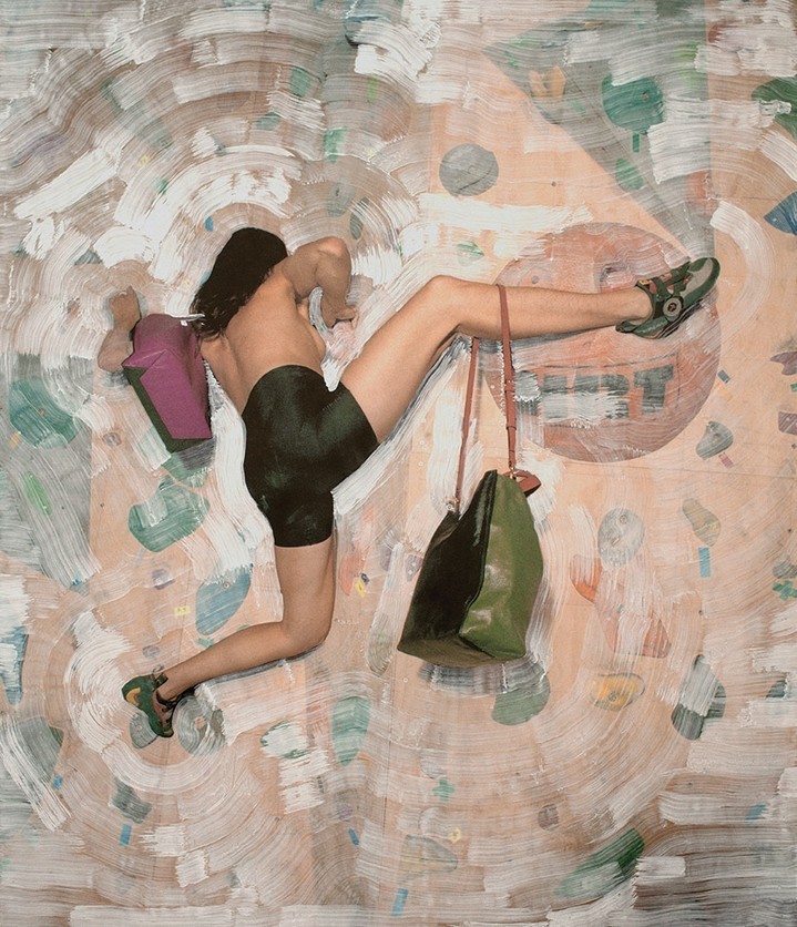 Abstract composition featuring an adult female in sportswear carrying bags, with an artistic backdrop of painted textures and colors.