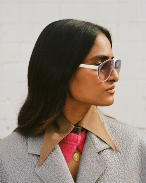 Side profile of a stylish adult woman wearing sunglasses and a gray jacket against a white brick wall, fashion portrait.
