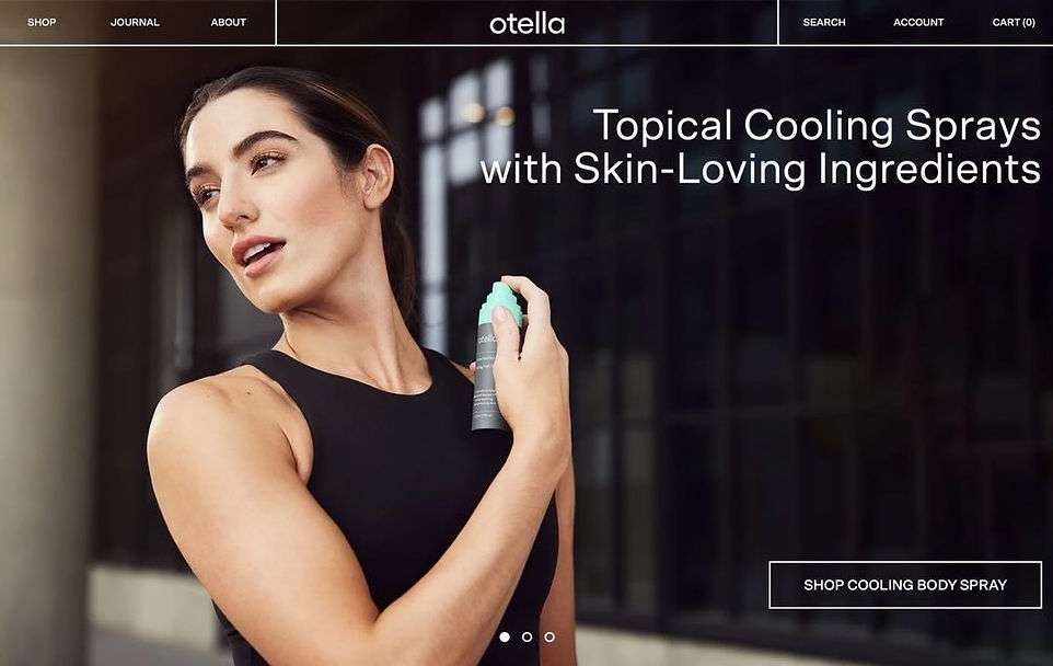 Woman sprays cooling mist on her arm in a beauty product shot with dark background. Website text and logo on the dark background.