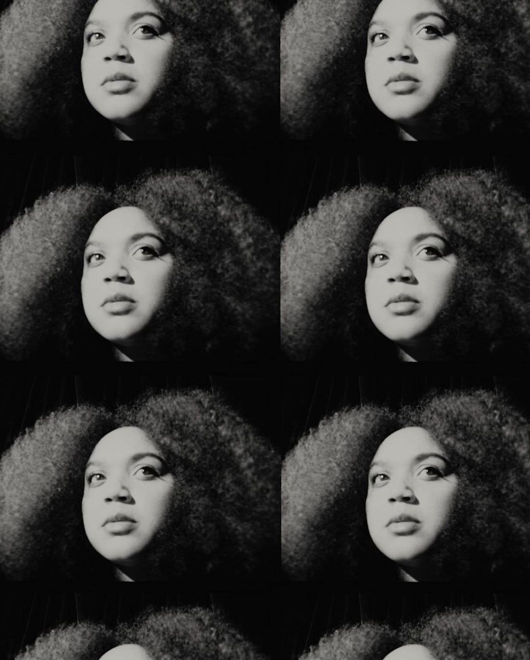 Monochrome portrait of a Black woman with afro in repeating pattern, creating a visually striking and artistic textured effect.