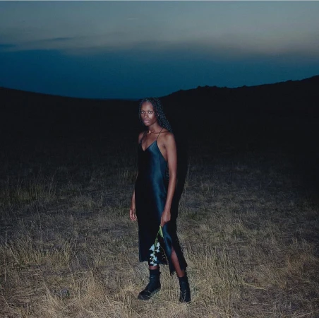 A young woman with braids poses in a black dress and boots in a field against a dark sky, holding flowers in a nighttime setting.
