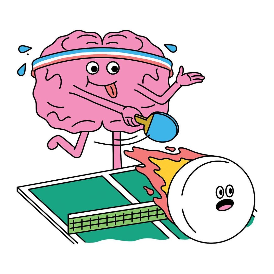Animated brain with a headband and tennis racket playing ping pong against a flaming ball on a table. Digital illustration.