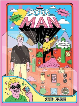 Illustration of 'Cool Man' action figure in pink packaging with three cartoon men in desert scene with cacti, sun, and mountain backdrop.
